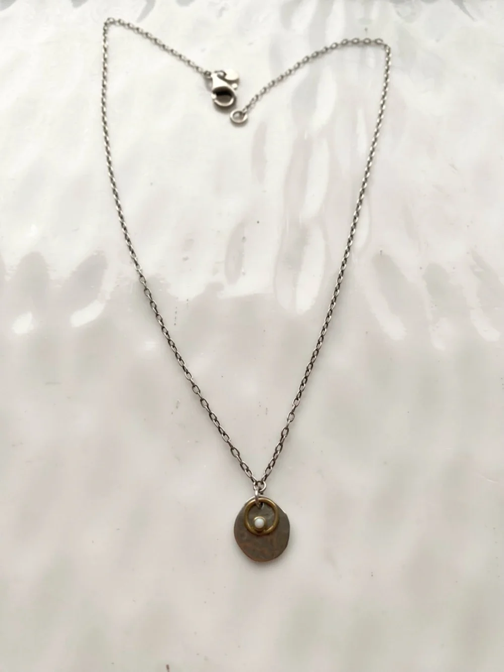 Silpada Sterling Silver Disc Necklace with Gold Halo and Pearl Accent 16”inches - Picture 4 of 5